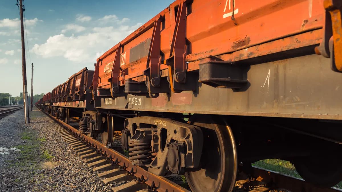 A line of freight wagons on the tracks, seen from the trackside in the late afternoon sun