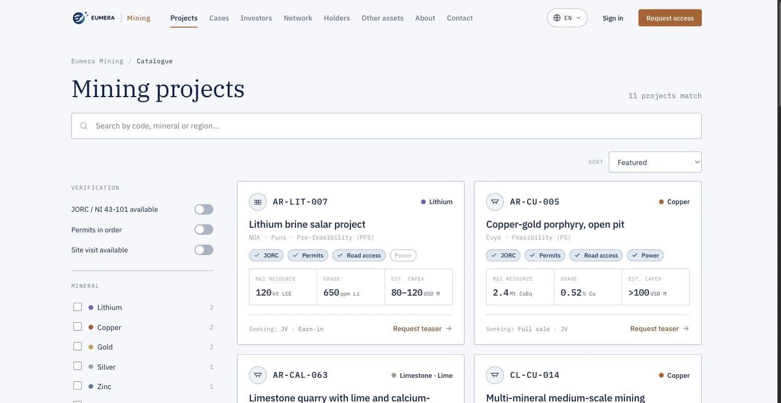 Screenshot des EUMERA-Mining-Katalogs: Suchleiste, Filter nach Mineral und Region sowie Projektkarten mit Ressource, Gehalt und geschätztem Capex.